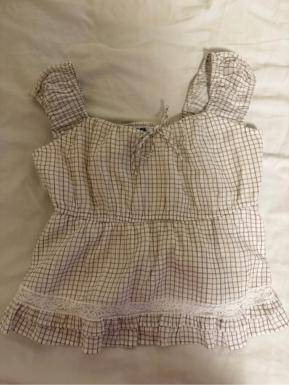 Tilly's Cream Check Ruffle-Trim Top